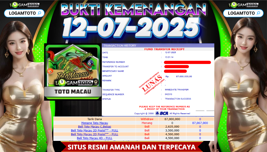 SELAMAT KEPADA MEMBER SETIA LOGAMTOTO BERHASIL JACKPOT DI PERMAINAN TOGEL TOTO MACAU 4D
